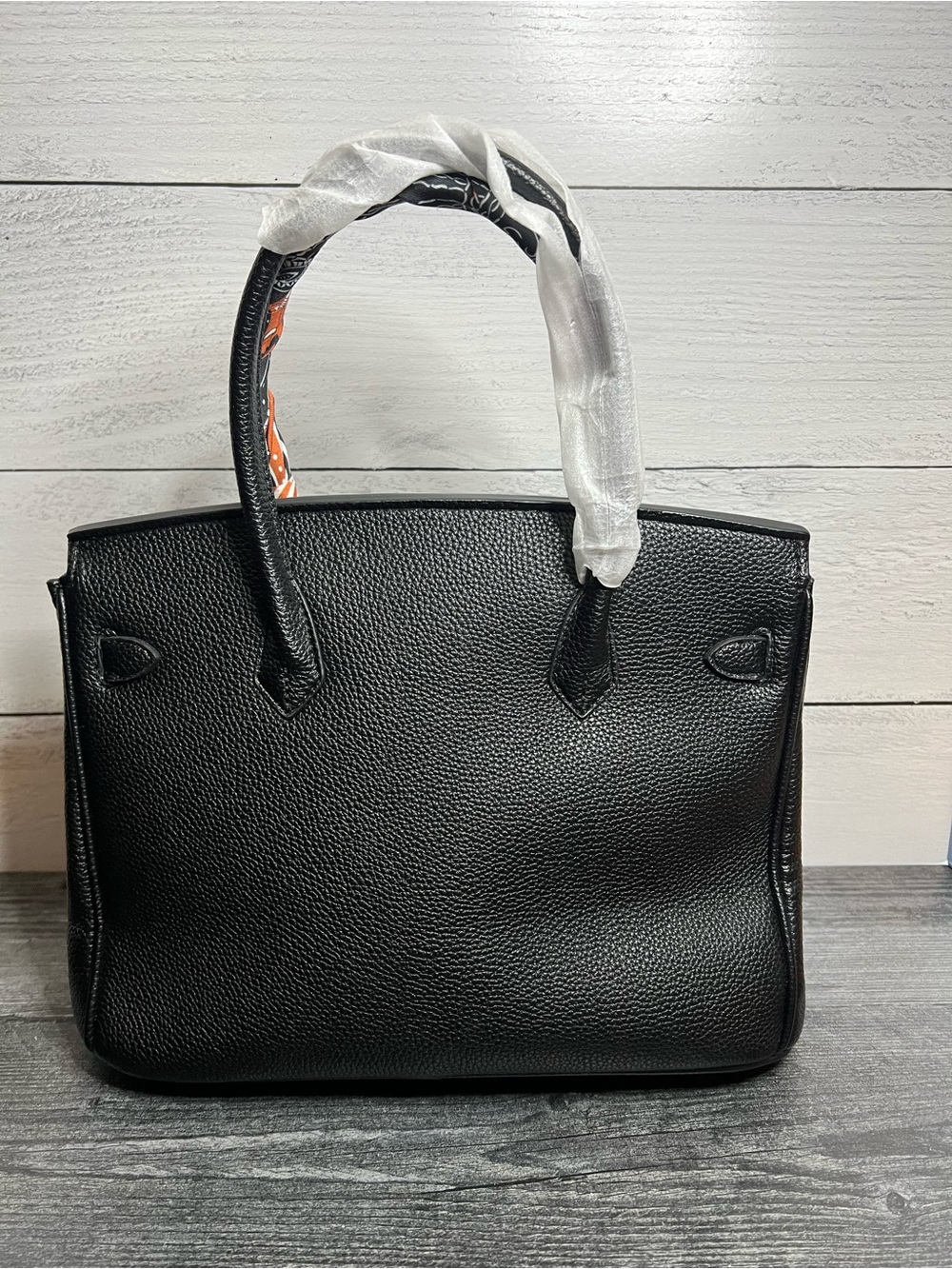 Black Leather Satchel with Orange Fringe and Twill-Handle Wrap - Picture 2 of 6